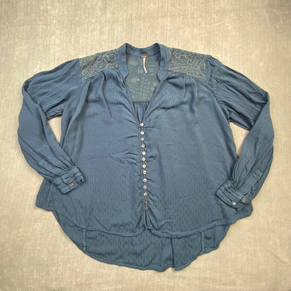 Free People Blue Embroidered Lace Shoulder Button Down Blouse Top Small